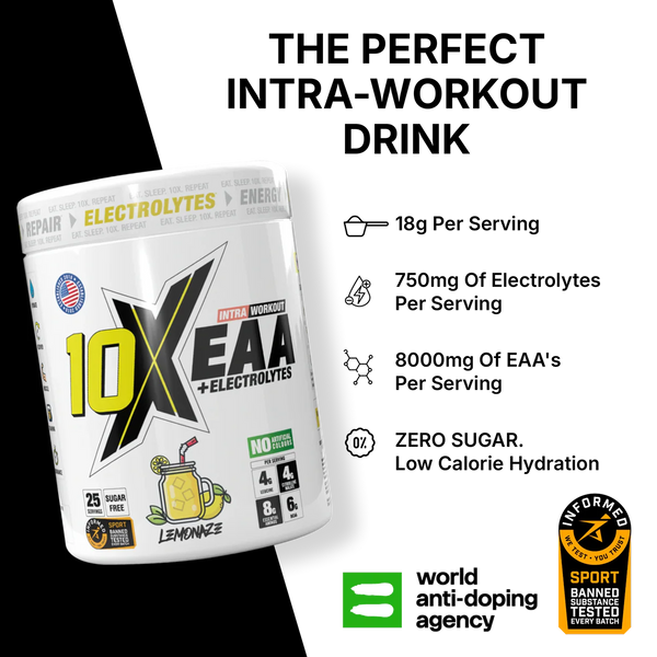 10X EAA with Electrolytes | 9 Essential Amino Acids + B Vitamins | 750mg Electrolytes | 25 Servings | Vegan, Sugar-Free