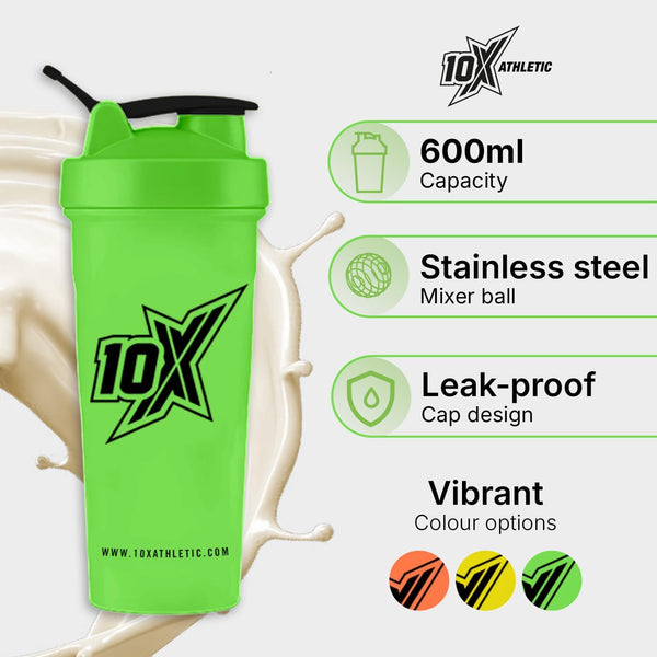 10X Athletic Neon Shaker | 600ml | Mixer Ball Included | Leak-Proof Screw Lid & Flip Cap | BPA-Free | Gym & Protein Shaker Bottle
