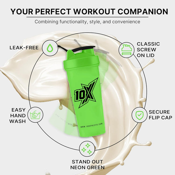10X Athletic Neon Shaker | 600ml | Mixer Ball Included | Leak-Proof Screw Lid & Flip Cap | BPA-Free | Gym & Protein Shaker Bottle