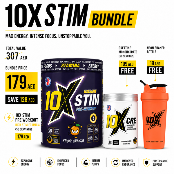 10X Athletic STIM Bundle | 400mg Caffeine Pre Workout 600g + FREE Creatine Monohydrate + FREE Shaker Bottle | 50 Servings | 12g Per Serving | High Stim | Sugar-Free