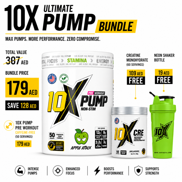 10X Athletic Pump Pre Workout Bundle | Caffeine-Free Non-Stim Formula 600g + FREE Creatine Monohydrate + FREE Neon Shaker | 50 Servings | Muscle Pump & Performance Support
