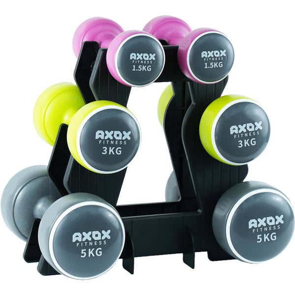 Axox Fitness Neoprene Dumbbell Set with Stand | 3-Pair 19kg | 1.5kg, 3kg & 5kg