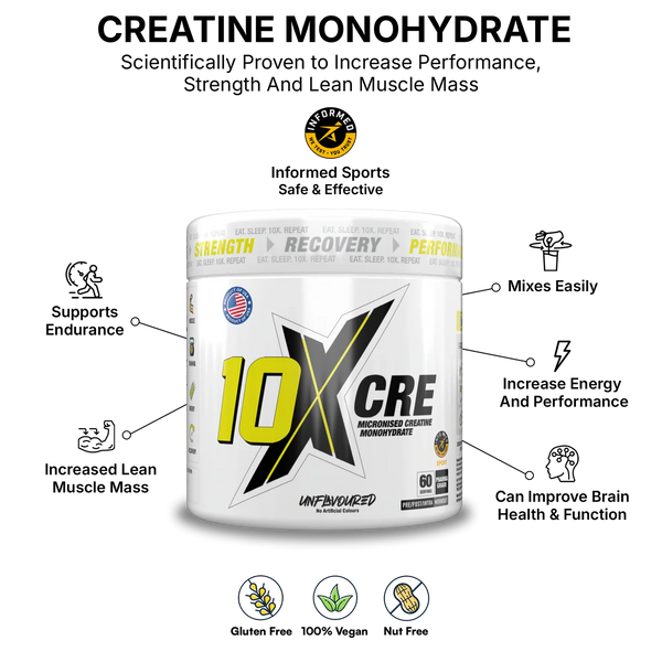 10X Creatine Monohydrate Powder 300g | 5g Per Serving | 60 Servings | Unflavoured | Vegan