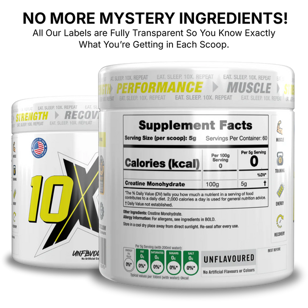 10X Creatine Monohydrate Powder 300g | 5g Per Serving | 60 Servings | Unflavoured | Vegan
