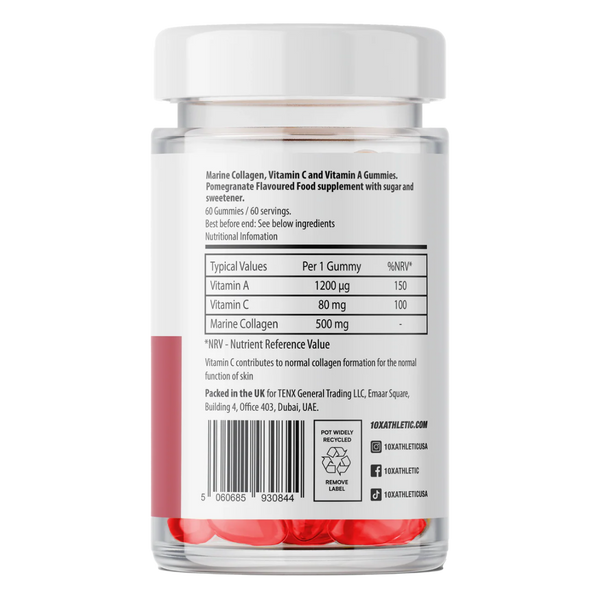 10X Marine Collagen Gummies | 500mg Norwegian Collagen Peptides | Vitamin C & A | 60 Servings | Pomegranate Flavour | Skin, Hair & Nail Support