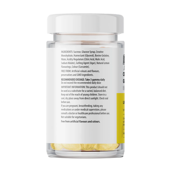 Glass jar with a white label containing gummy supplements on a white background