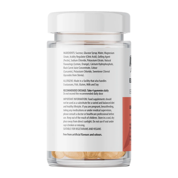 Back view of a supplement jar with ingredient list and warnings on a white background