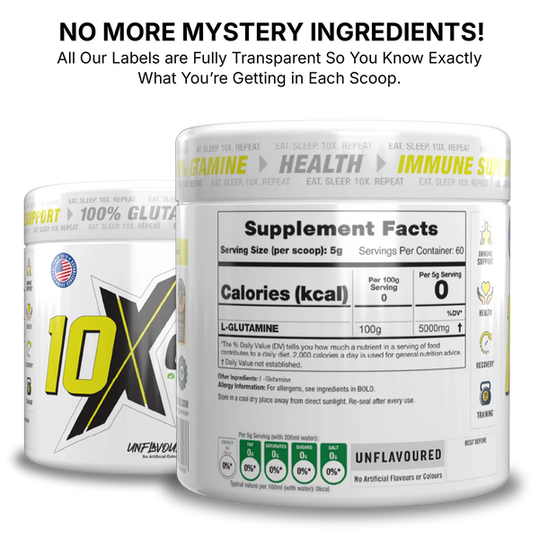 10X Athletic L-Glutamine Powder 300g | 5g Per Serving | 60 Servings | Unflavored | Vegan
