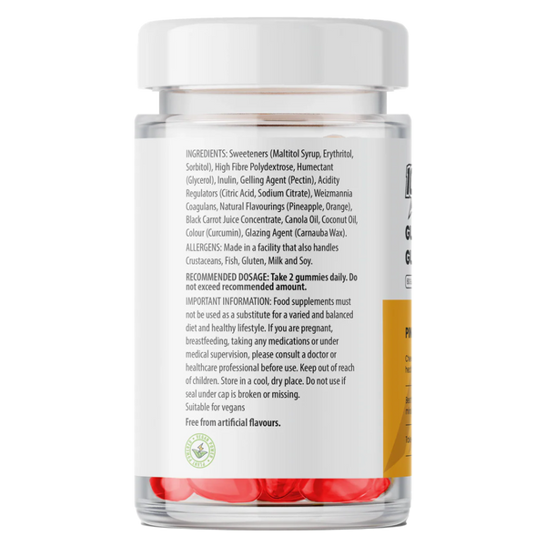 Back view of a supplement jar with a white label on a white background