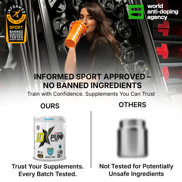 10X Athletic PUMP Caffeine-Free Pre Workout Powder 600g | Non-Stim Formula | 50 Servings | 12g Per Serving | Sugar Free