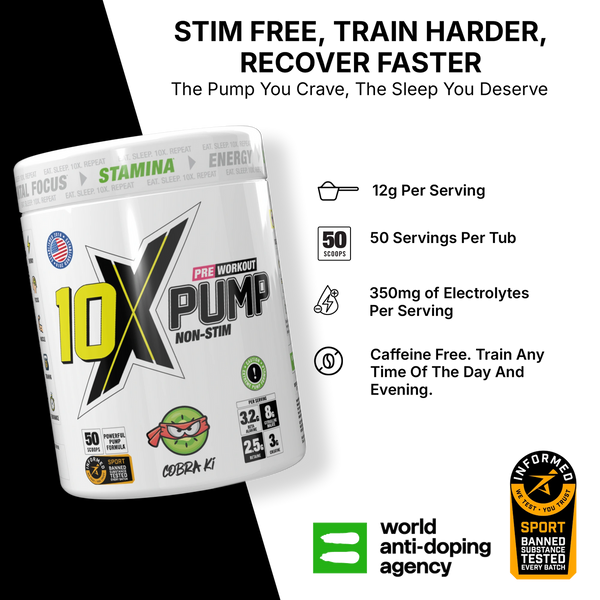 10X Athletic PUMP Caffeine-Free Pre Workout Powder 600g | Non-Stim Formula | 50 Servings | 12g Per Serving | Sugar Free