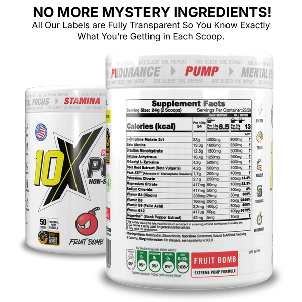 10X Athletic PUMP Caffeine-Free Pre Workout Powder 600g | Non-Stim Formula | 50 Servings | 12g Per Serving | Sugar Free