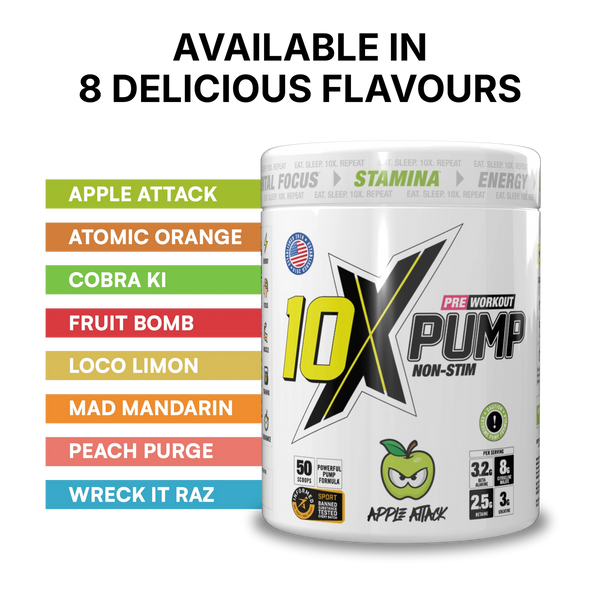 10X Athletic PUMP Caffeine-Free Pre Workout Powder 600g | Non-Stim Formula | 50 Servings | 12g Per Serving | Sugar Free
