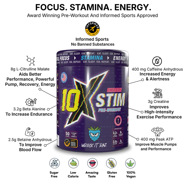 10X Athletic STIM Pre Workout Powder 600g | 400mg Caffeine | 50 Servings | 12g Per Serving | Sugar Free
