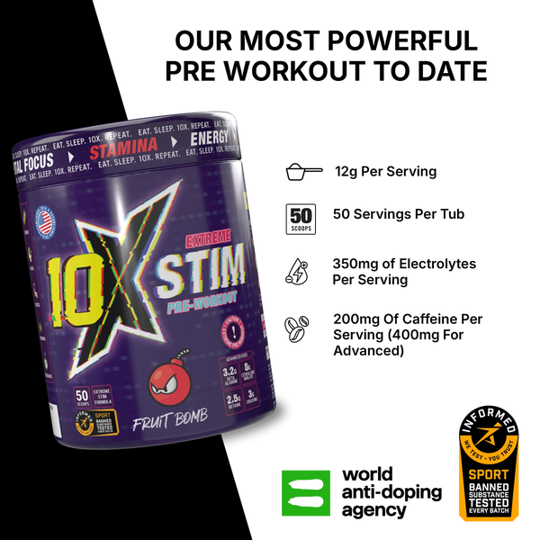10X Athletic STIM Pre Workout Powder 600g | 400mg Caffeine | 50 Servings | 12g Per Serving | Sugar Free