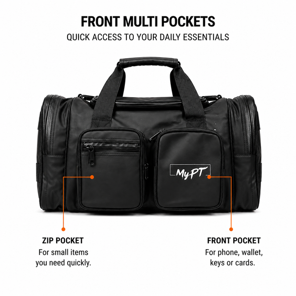 MyPT Gym Bag | Sports Duffle Bag with Shoe Compartment | Waterproof | Multi-Pocket | Men & Women | Black