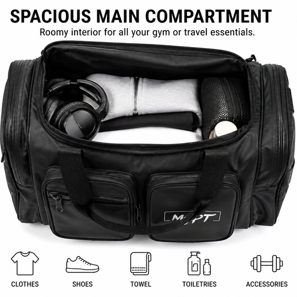 MyPT Gym Bag | Sports Duffle Bag with Shoe Compartment | Waterproof | Multi-Pocket | Men & Women | Black