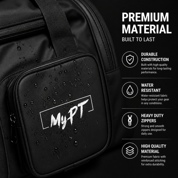 MyPT Gym Bag | Sports Duffle Bag with Shoe Compartment | Waterproof | Multi-Pocket | Men & Women | Black
