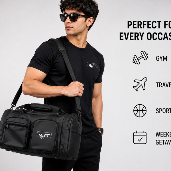 MyPT Gym Bag | Sports Duffle Bag with Shoe Compartment | Waterproof | Multi-Pocket | Men & Women | Black