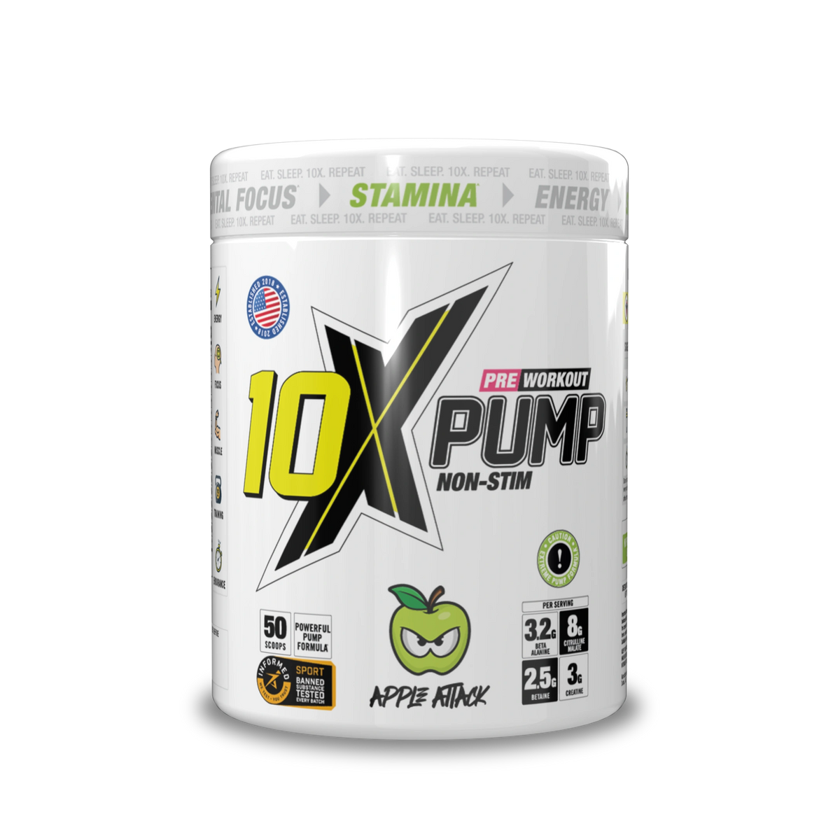 10X Athletic PUMP Caffeine-Free Pre Workout Powder 600g | Non-Stim Formula | 50 Servings | 12g Per Serving | Sugar Free