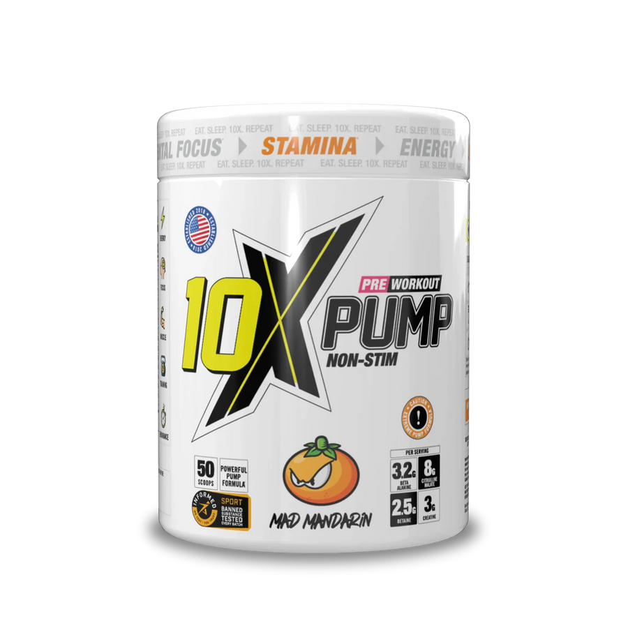 10X Athletic PUMP Caffeine-Free Pre Workout Powder 600g | Non-Stim Formula | 50 Servings | 12g Per Serving | Sugar Free