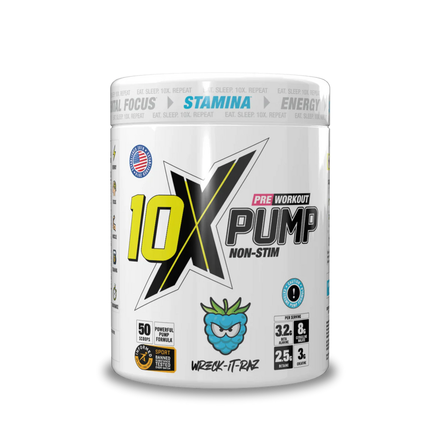 10X Athletic PUMP Caffeine-Free Pre Workout Powder 600g | Non-Stim Formula | 50 Servings | 12g Per Serving | Sugar Free