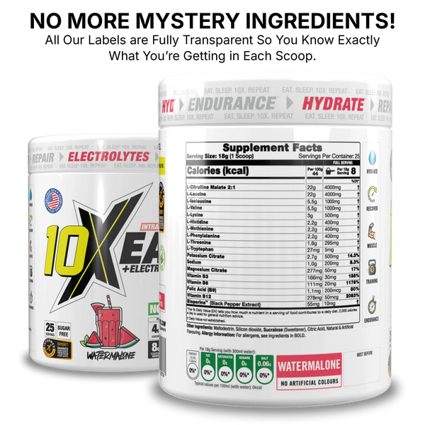 10X EAA with Electrolytes | 9 Essential Amino Acids + B Vitamins | 750mg Electrolytes | 25 Servings | Vegan, Sugar-Free