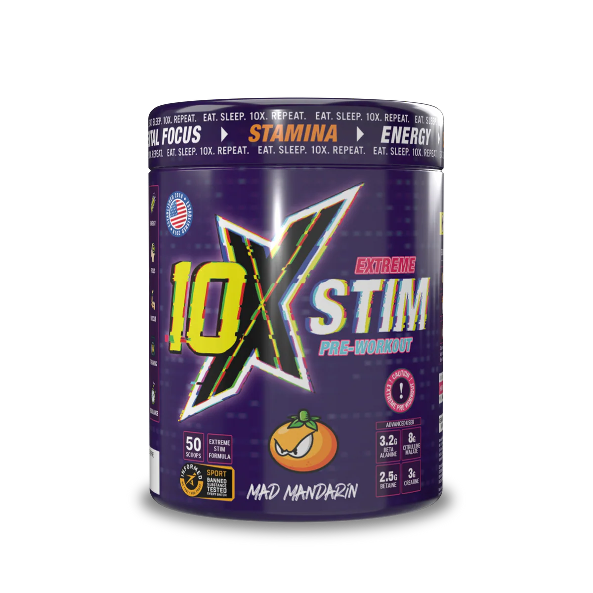 10X STIM Pre-Workout | 50 Servings | 450mg Caffeine | 8g Citrulline, 3.2g Beta Alanine, 3g Creatine | Vegan, Sugar-Free