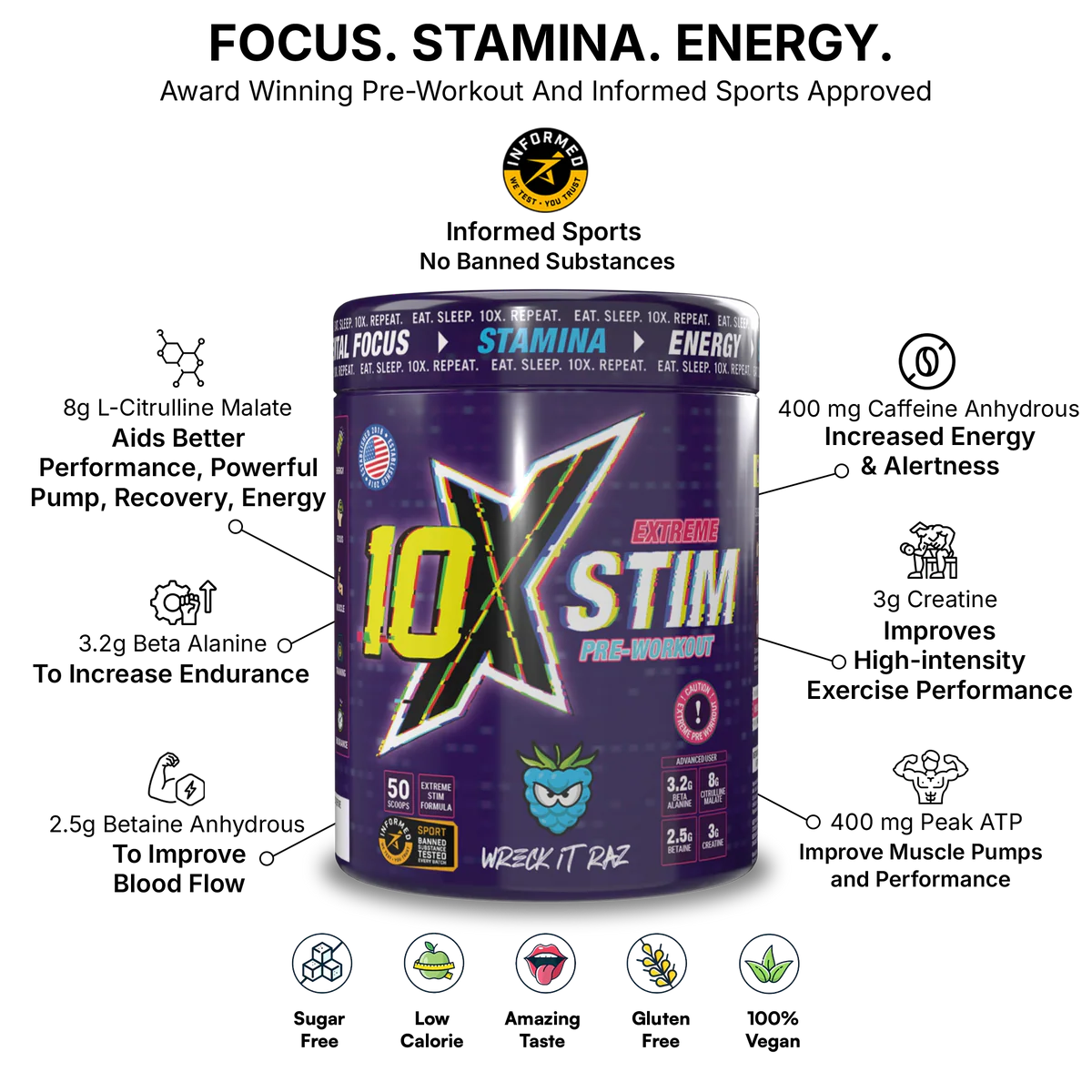 10X Athletic STIM Bundle | 400mg Caffeine Pre Workout 600g + FREE Creatine Monohydrate + FREE Shaker Bottle | 50 Servings | 12g Per Serving | High Stim | Sugar-Free