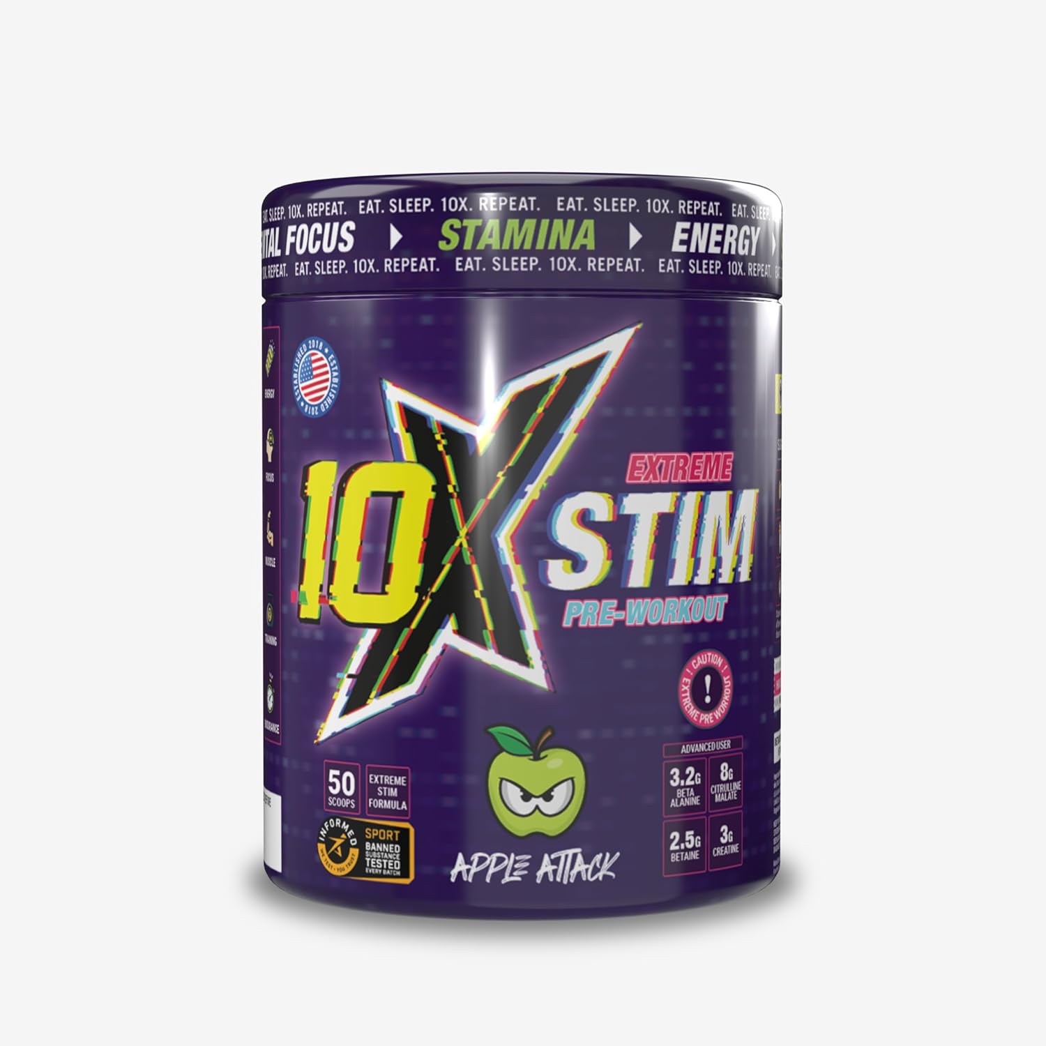 10X STIM Pre-Workout | 50 Servings | 450mg Caffeine | 8g Citrulline, 3.2g Beta Alanine, 3g Creatine | Vegan, Sugar-Free