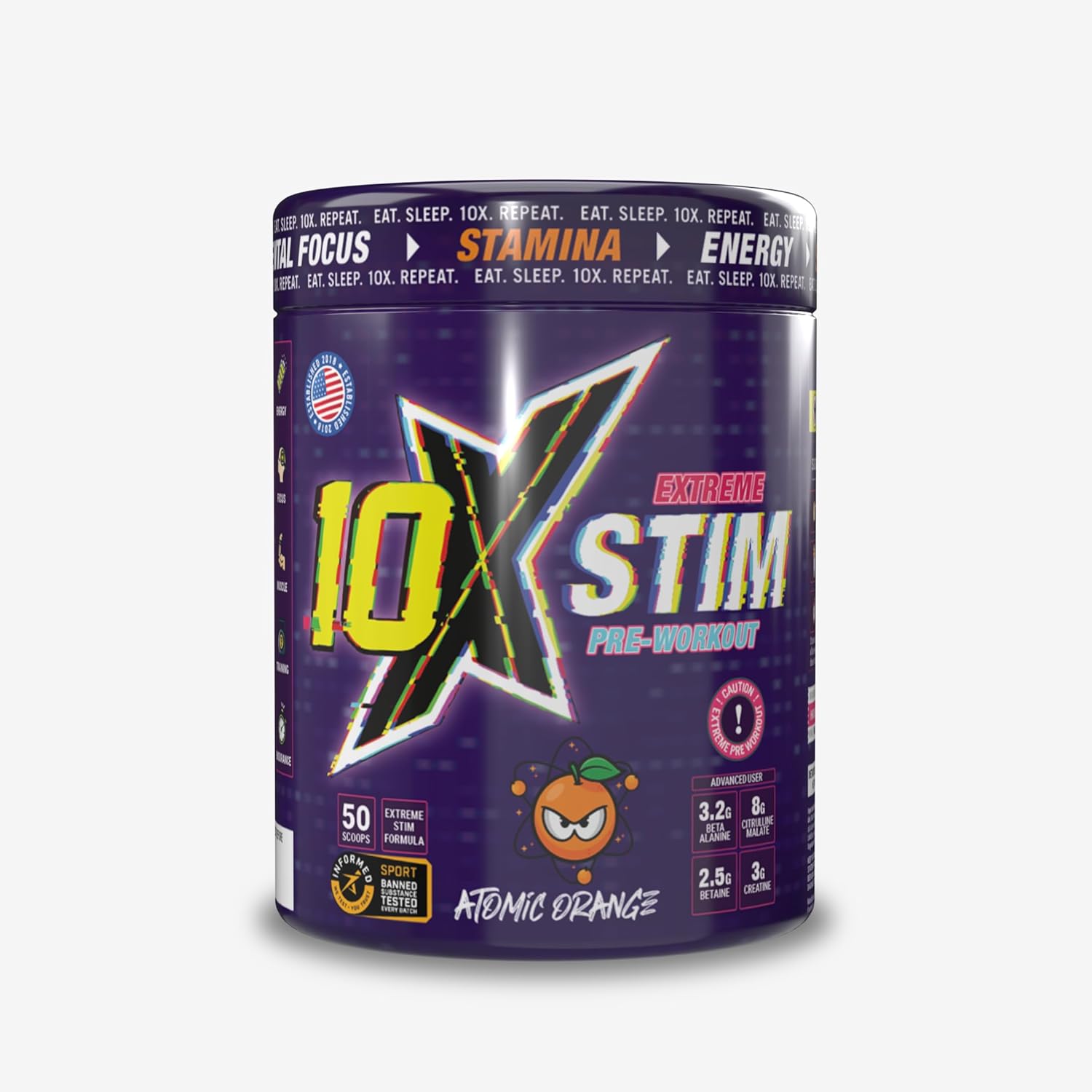 10X STIM Pre-Workout | 50 Servings | 450mg Caffeine | 8g Citrulline, 3.2g Beta Alanine, 3g Creatine | Vegan, Sugar-Free