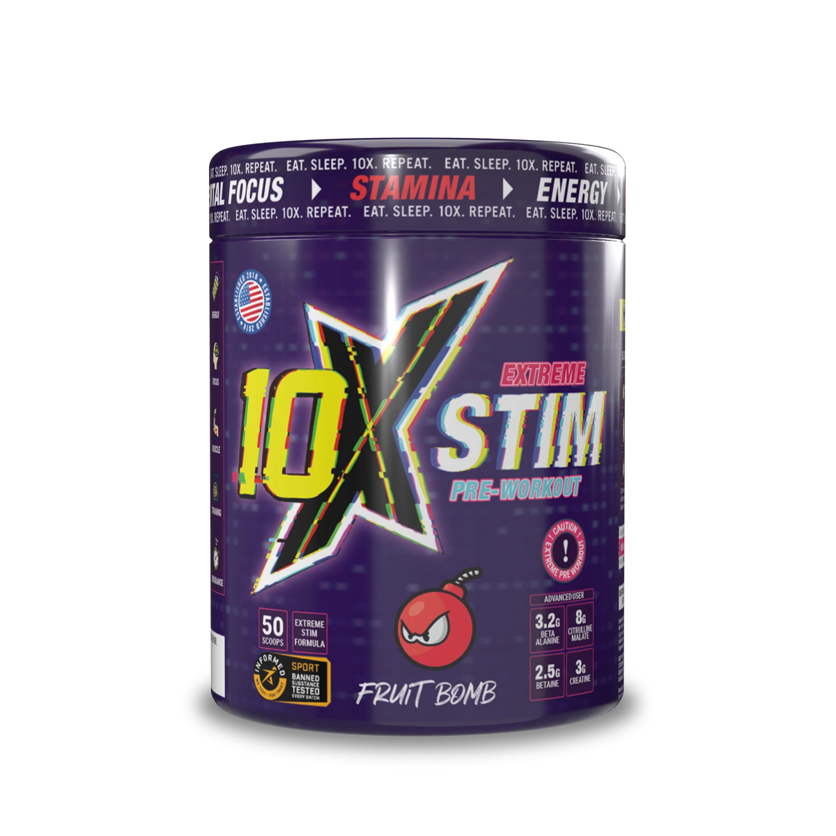 10X STIM Pre-Workout | 50 Servings | 450mg Caffeine | 8g Citrulline, 3.2g Beta Alanine, 3g Creatine | Vegan, Sugar-Free