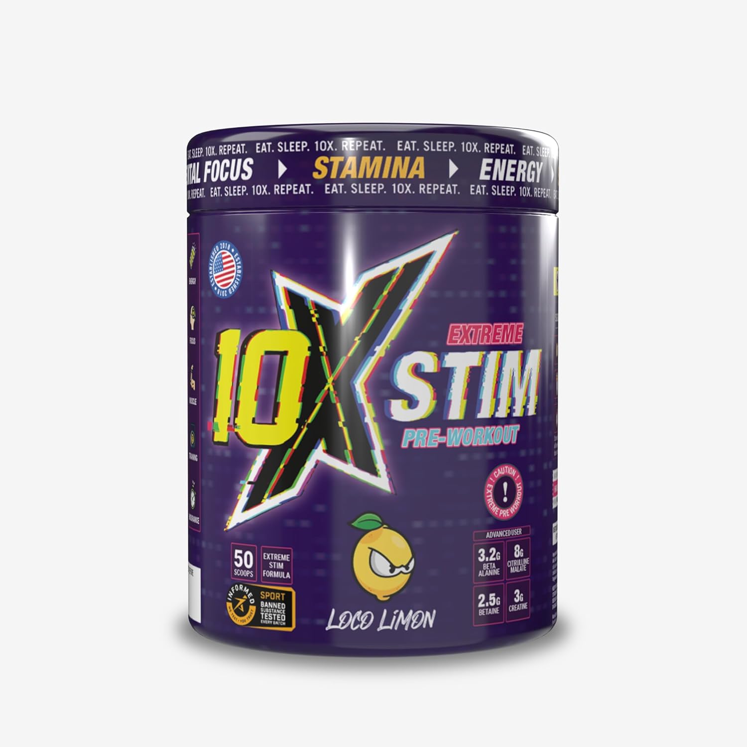 10X STIM Pre-Workout | 50 Servings | 450mg Caffeine | 8g Citrulline, 3.2g Beta Alanine, 3g Creatine | Vegan, Sugar-Free