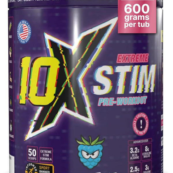 10X Athletic STIM Pre Workout Powder 600g | 400mg Caffeine | 50 Servings | 12g Per Serving | Sugar Free