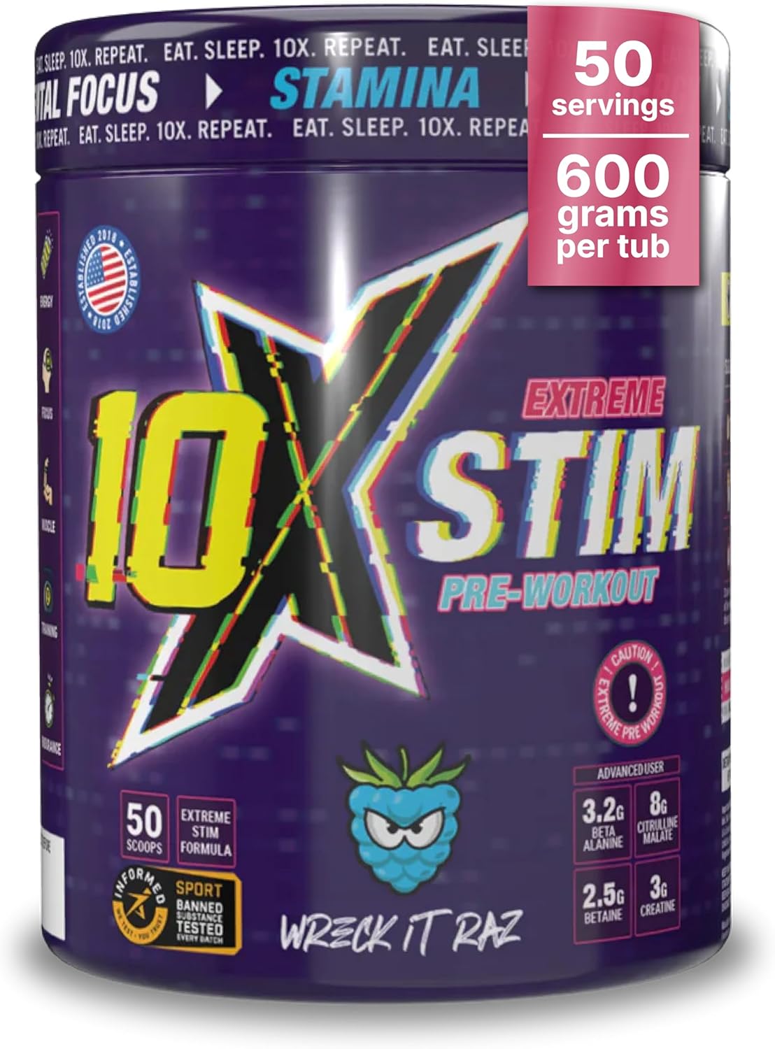 10X STIM Pre-Workout | 50 Servings | 450mg Caffeine | 8g Citrulline, 3.2g Beta Alanine, 3g Creatine | Vegan, Sugar-Free