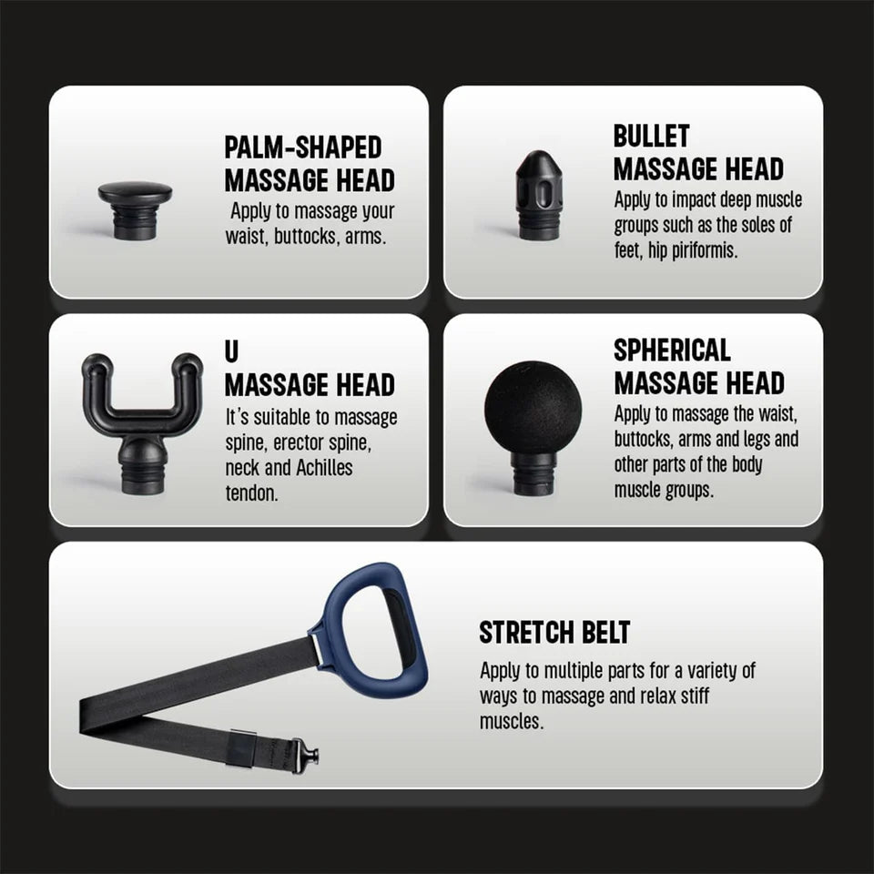 Physio Pro Massage Gun - Deep Tissue Percussion Therapy, 6 Intensity Levels, Stretch Belt - Portable & Rechargeable