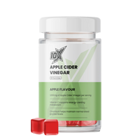 10X Apple Cider Vinegar supplement bottle with red capsules on a white background