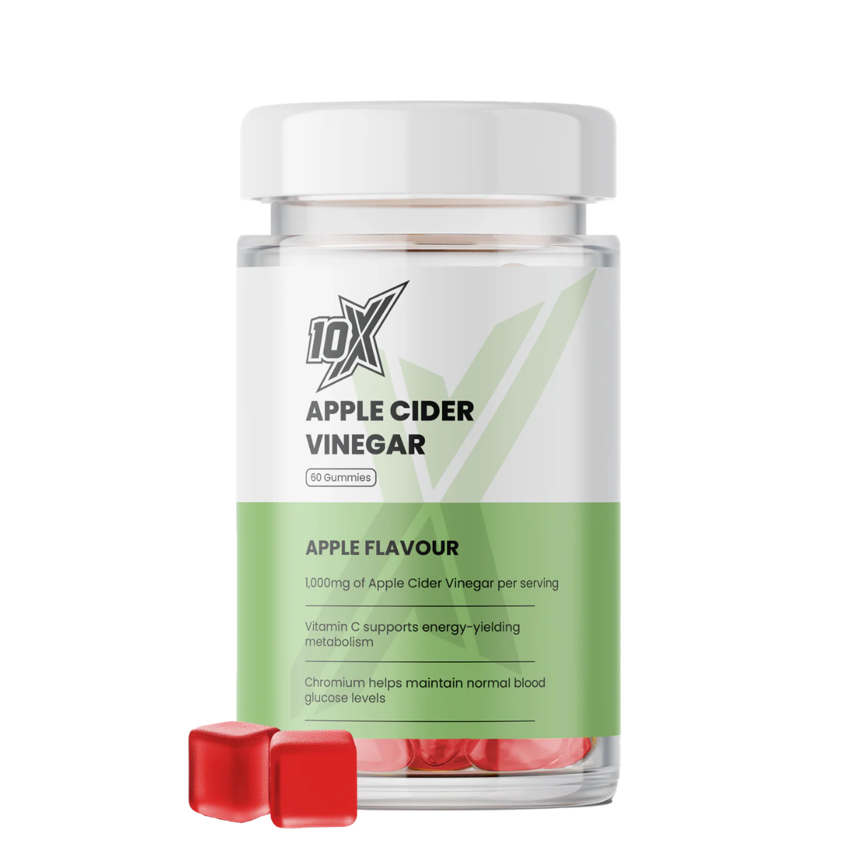 10X Apple Cider Vinegar supplement bottle with red capsules on a white background
