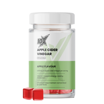 10X Apple Cider Vinegar supplement bottle with red capsules on a white background