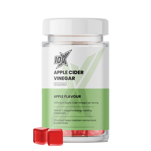 10X Apple Cider Vinegar supplement bottle with red capsules on a white background