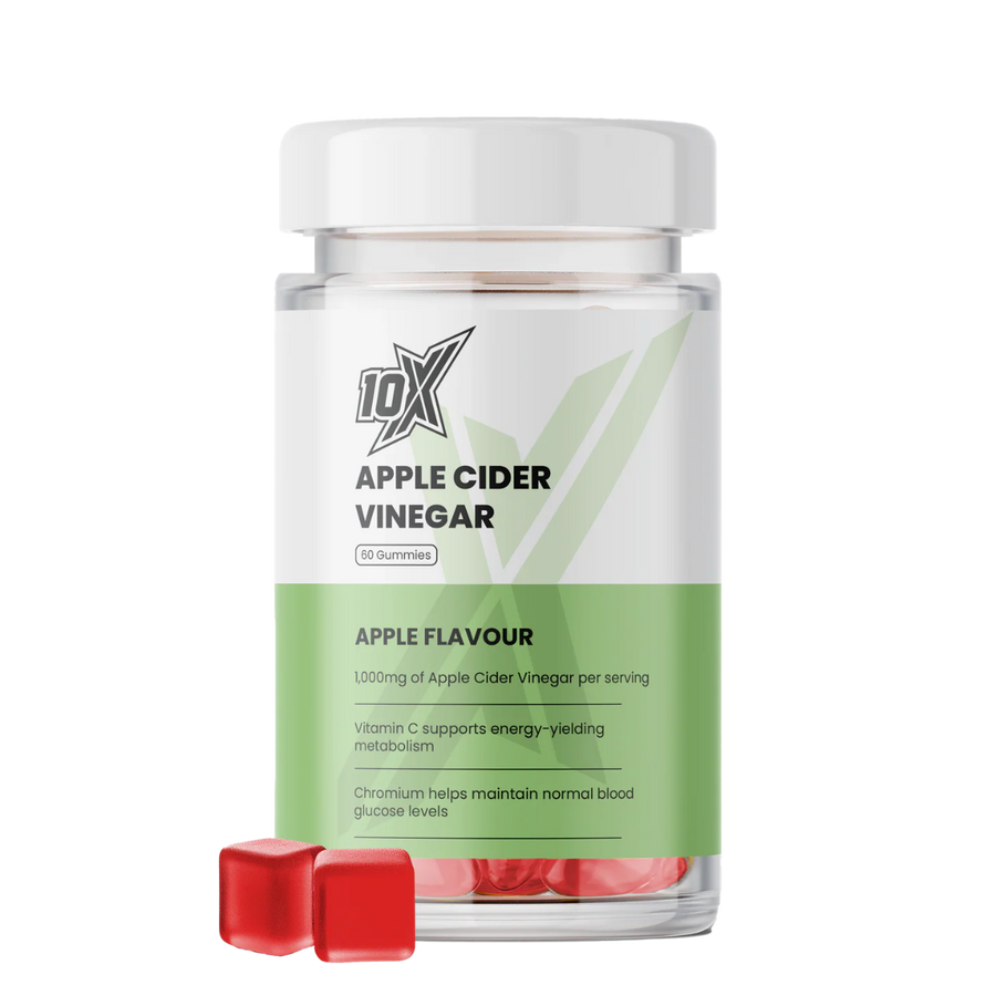 10X Apple Cider Vinegar supplement bottle with red capsules on a white background