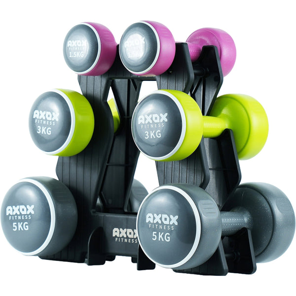Axox Fitness Neoprene Dumbbell Set with Stand | 3-Pair 19kg | 1.5kg, 3kg & 5kg
