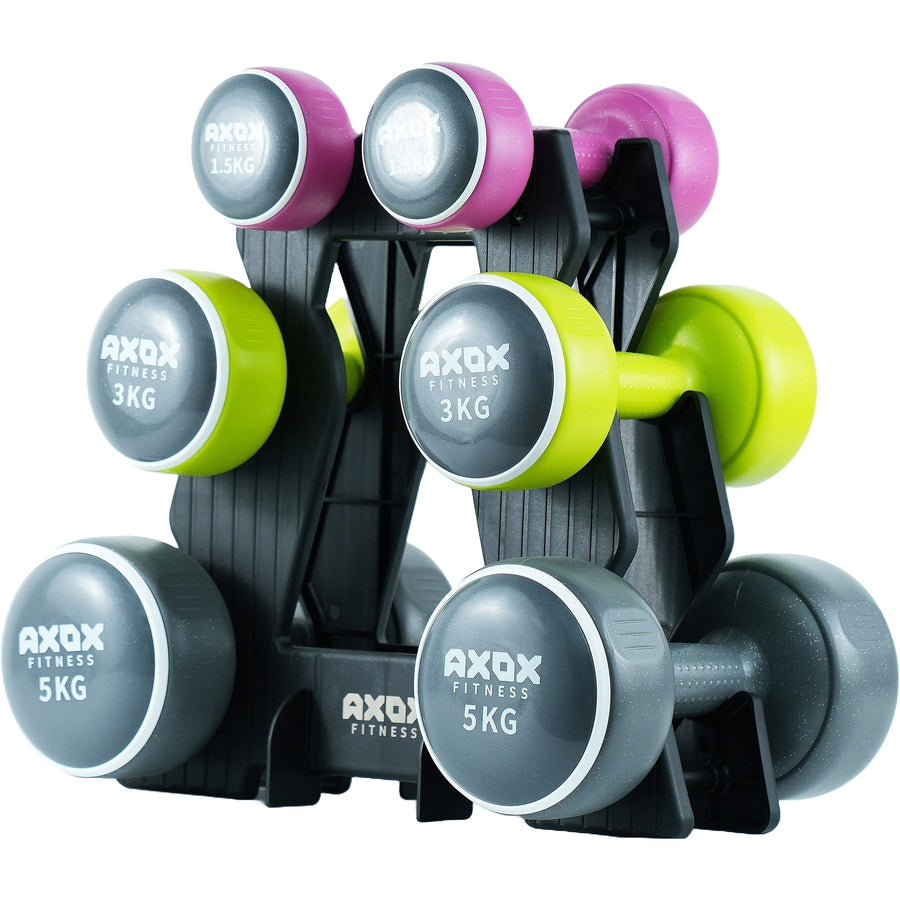Axox Fitness Neoprene Dumbbell Set with Stand | 3-Pair 19kg | 1.5kg, 3kg & 5kg