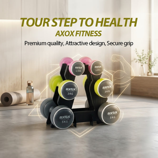 Axox Fitness Neoprene Dumbbell Set with Stand | 3-Pair 19kg | 1.5kg, 3kg & 5kg