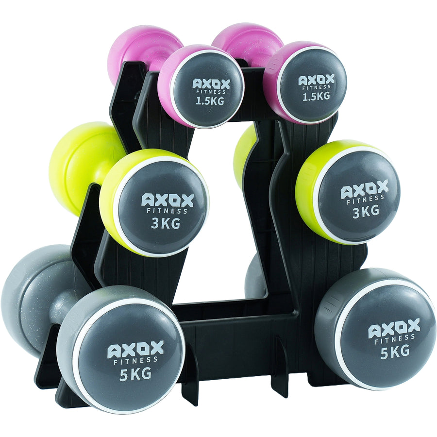 Axox Fitness Neoprene Dumbbell Set with Stand | 3-Pair 19kg | 1.5kg, 3kg & 5kg