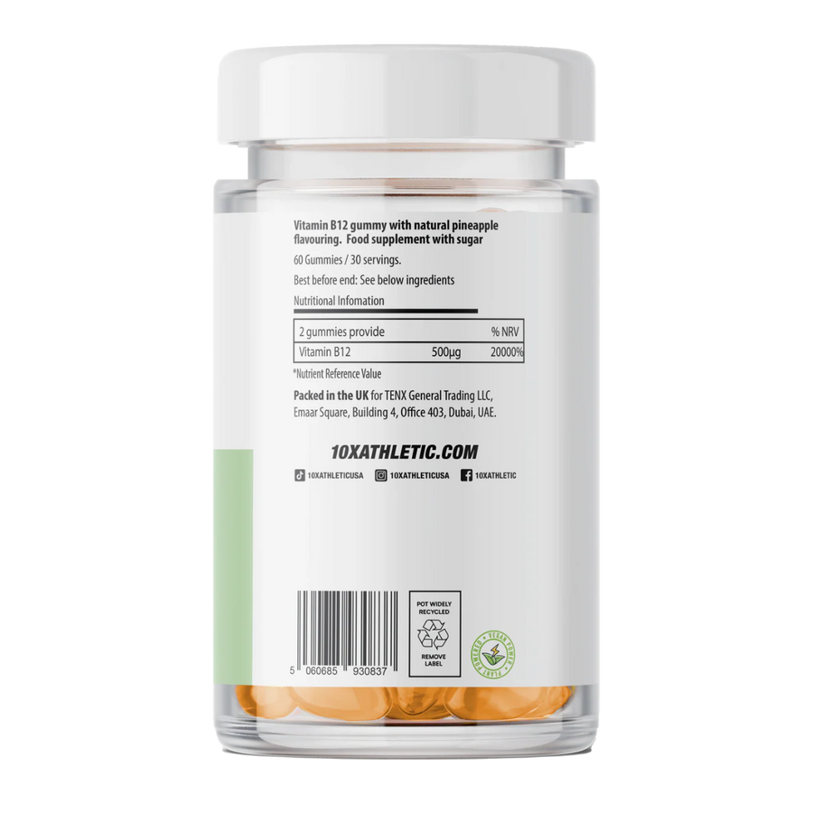 10X Athletic Vitamin B12 Gummies | High Strength B12 Energy Supplement | 60 Gummies | Vegan | Supports Energy, Focus & Immune System | Pineapple Flavor