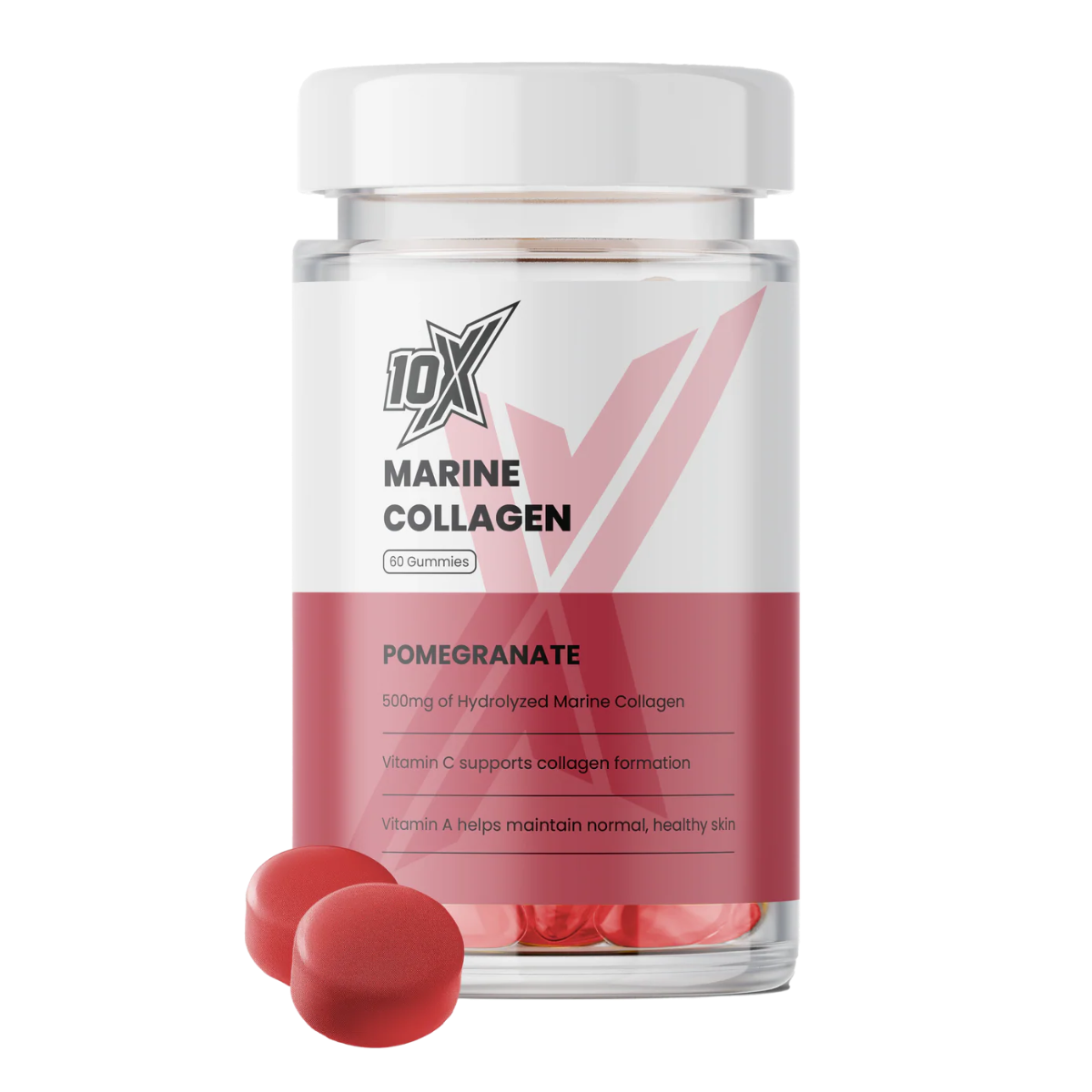 10X Marine Collagen Pomegranate supplement bottle with two capsules on a white background