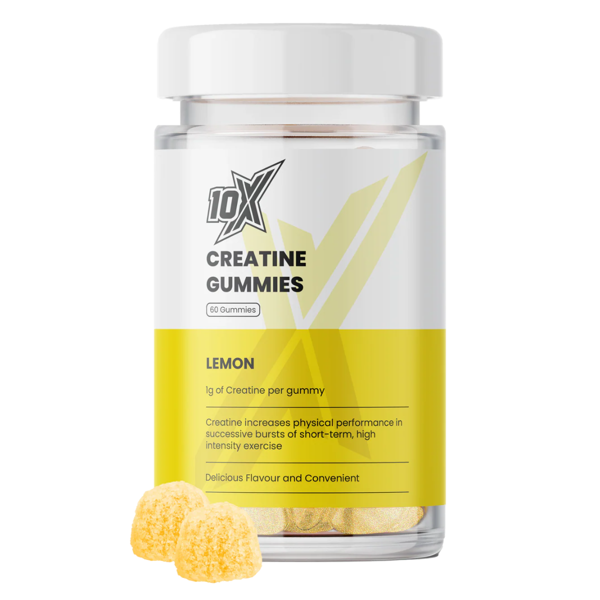 10X Creatine Gummies lemon flavor bottle on a white background