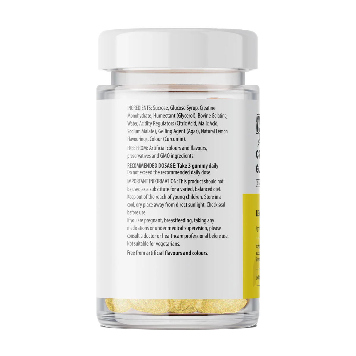 Glass jar with a white label containing gummy supplements on a white background