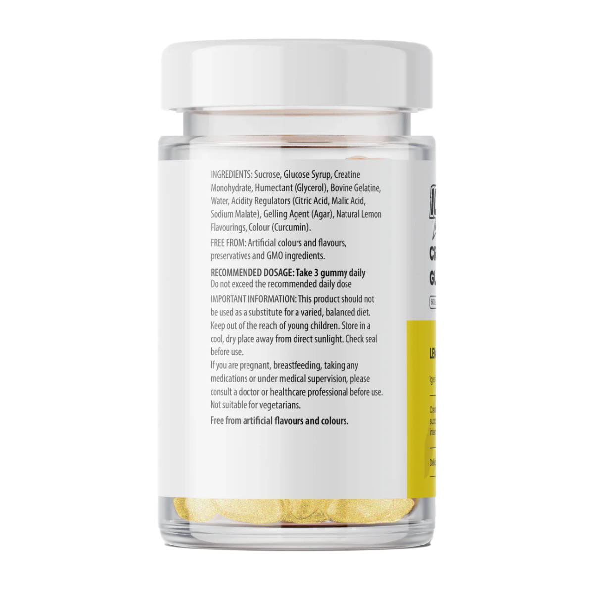 Jar of gummy vitamins with a label on a white background